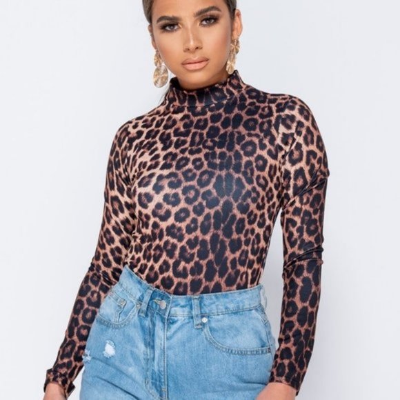 Leopard Print Long Sleeve High Neck Bodysuit Top - Picture 7 of 9